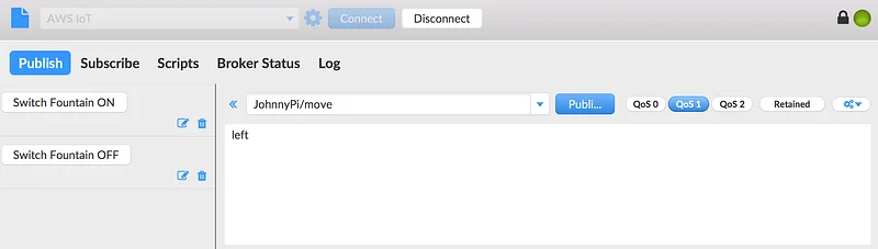 Using MQTT.fx, send the ‘left’ command to the JohnnyPi/move topic with QoS 1