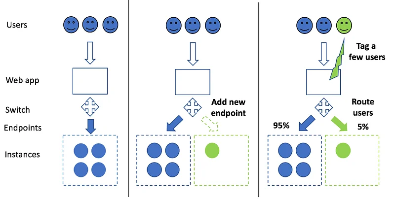 Using a “switch” web service and two single-model endpoints for canary testing.