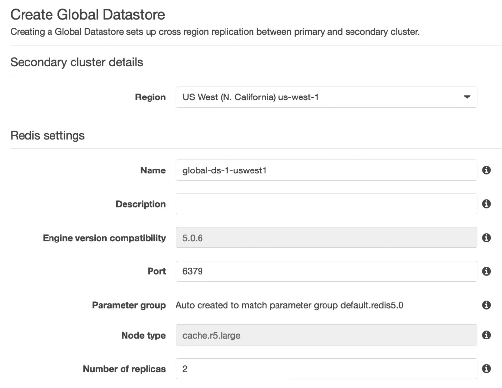 Step 2 screenshot from Now Available Amazon Elasticache Global Datastore for Redis