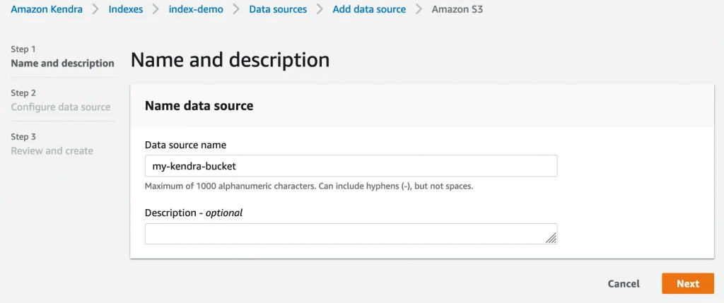 Step 3 screenshot from Reinventing Enterprise Search Amazon Kendra Is Now Generally Available