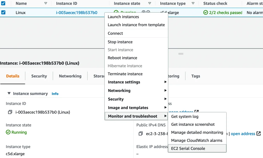 Step 2 screenshot from Troubleshoot Boot and Networking Issues with New Ec2 Serial Console