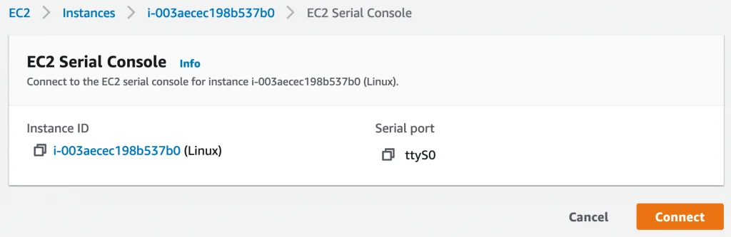 Step 3 screenshot from Troubleshoot Boot and Networking Issues with New Ec2 Serial Console