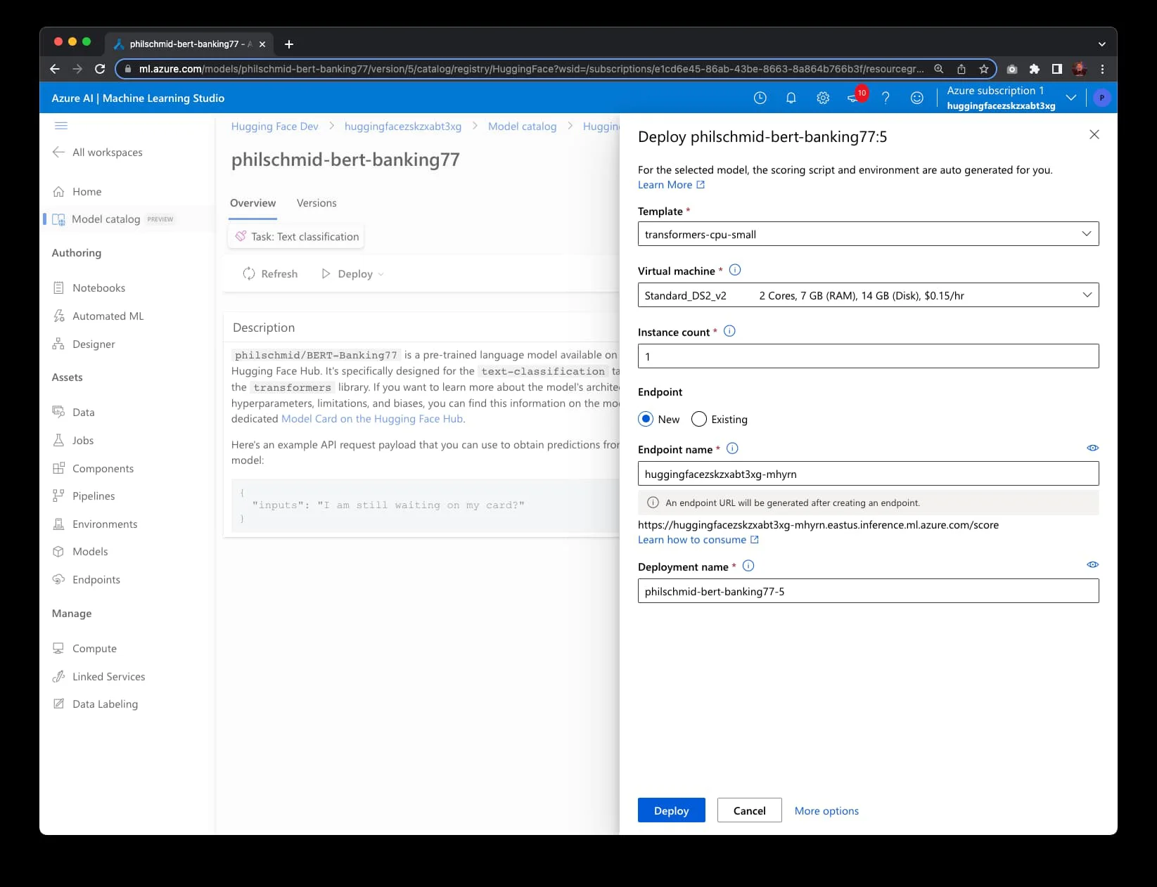 Creating a Hugging Face Endpoint on Azure