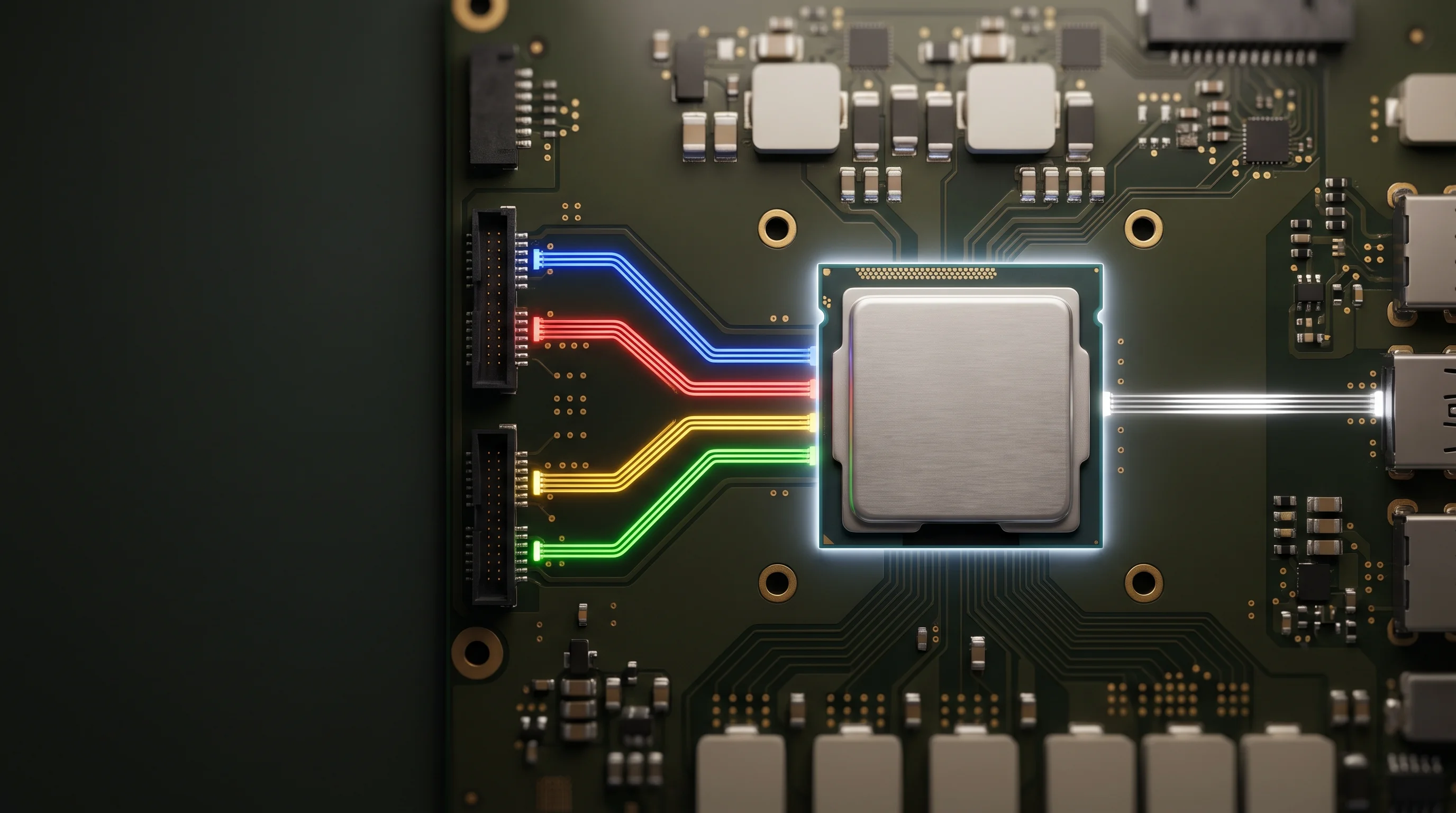 Photograph of a laptop logic board: four glowing traces in blue, red, yellow and green run into a processor with a brushed-aluminum lid, and one bright white trace leaves it on the other side.